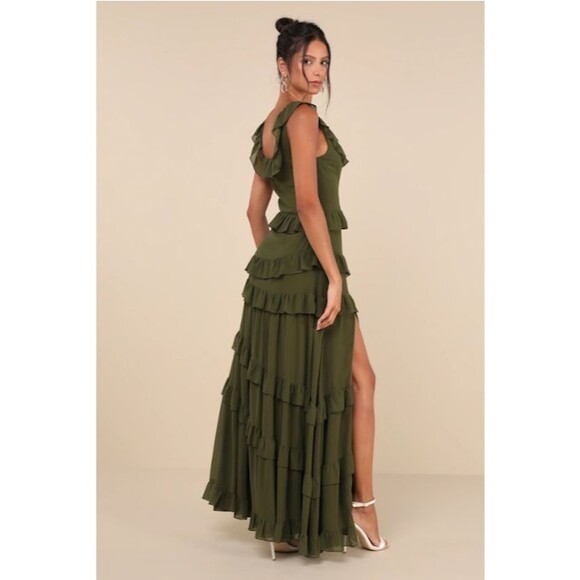 Lulus Olive Green Ruffled Tiered Maxi Dress Medium Square Neck High Slit NWT - Picture 2 of 8